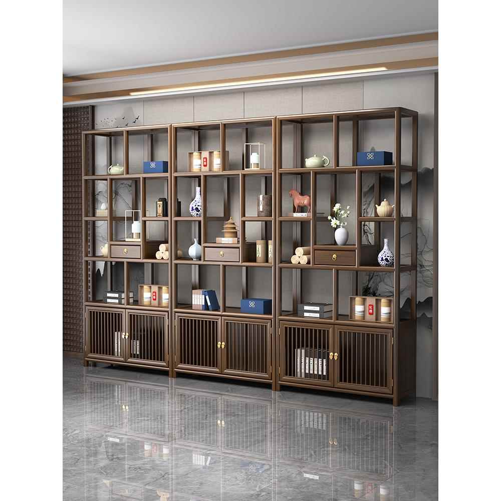 芙蕾米博古架实木中式多宝阁茶叶置物架榆木隔断摆件办公茶室收纳展示柜床笠拉车