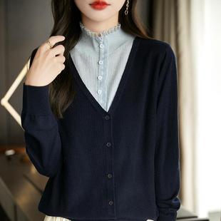 2025秋冬新款 女洋气内搭外穿拼色毛1219e 假两件荷叶领蕾丝针织衫