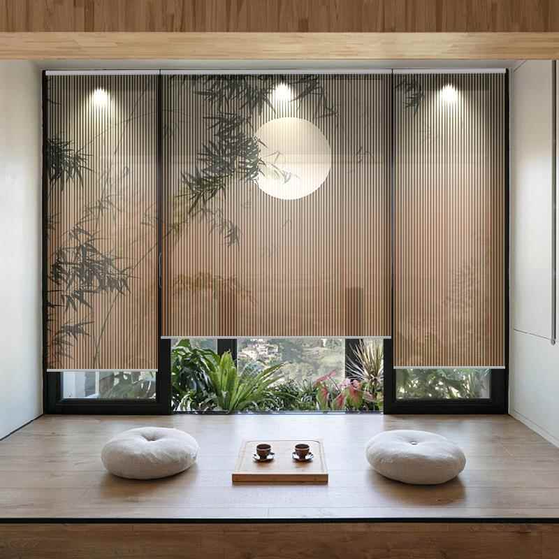 新中式卷帘窗帘卷拉式电动升降客厅茶室软隔断帘屏风帘直播背景布