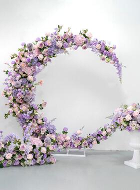 欧式婚礼月亮花艺套装紫色直播橱窗装饰背景仿真假花艺婚庆拱门