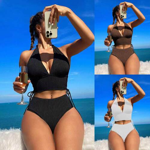 Two-Piece Set Women'S Solid Color Ribbed Bikini Set, High
