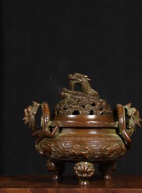 家用香炉苏工纯铜螭龙耳盘龙钮兽足薰炉三足鼎炉室内香道茶道摆件