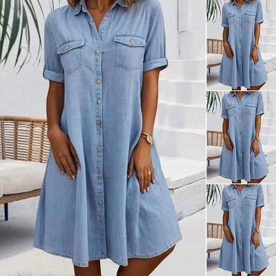Womens Short Sleeve Denim Dress Button Down Collared Loose
