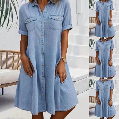 Womens Short Sleeve Denim Dress Button Down Collared Loose