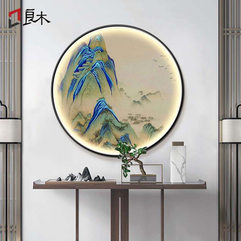 挂画新款墙圆形背景图进门入户画客厅中式装饰画山水画玄关江山新图片