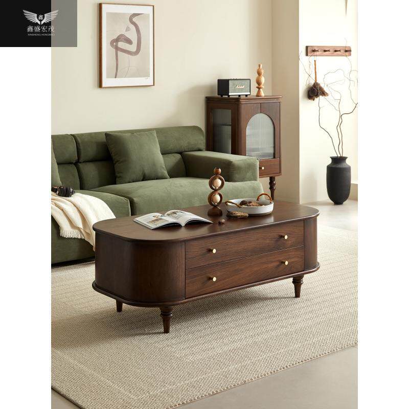 客厅抽屉收纳茶桌电视柜组合全实木茶几美式轻奢椭圆形小户型简约