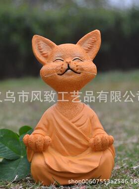 独立站 冥想打坐猫 动物雕像坐禅猫花园装饰工艺品摆件雕塑