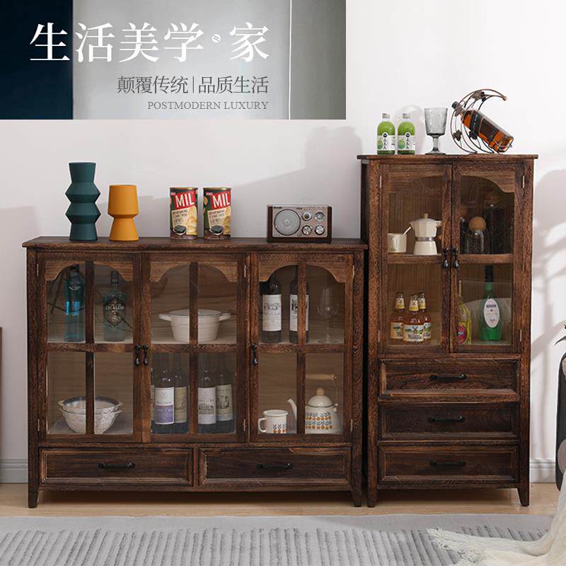 美式酒柜餐柜客厅展示柜实木覆古防尘书柜储物新中式靠墙展示柜