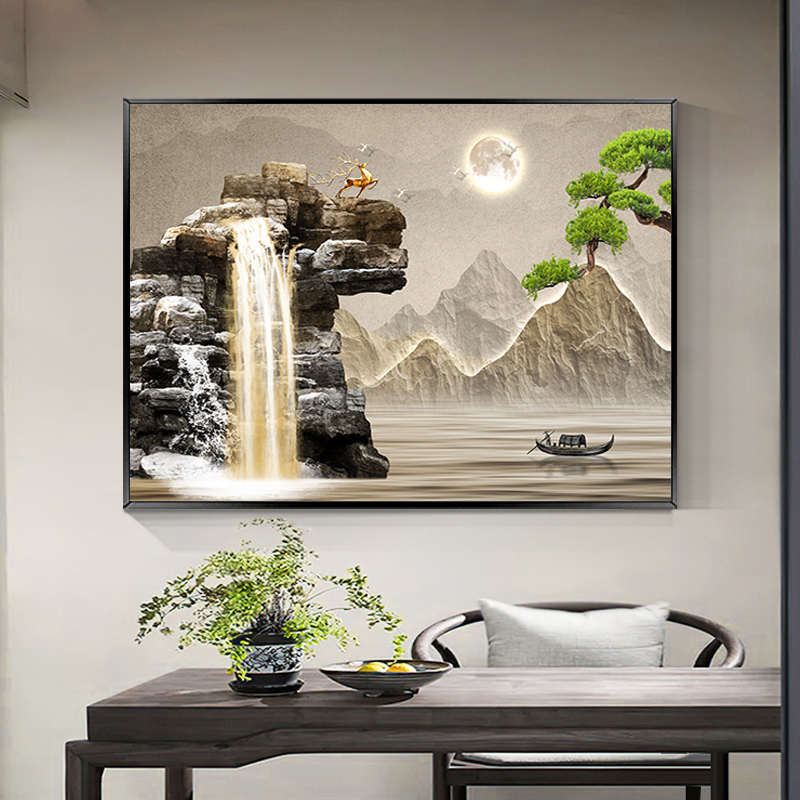 新中式山水餐厅装饰画流水生财茶室办公室背景墙壁画饭厅餐桌挂画