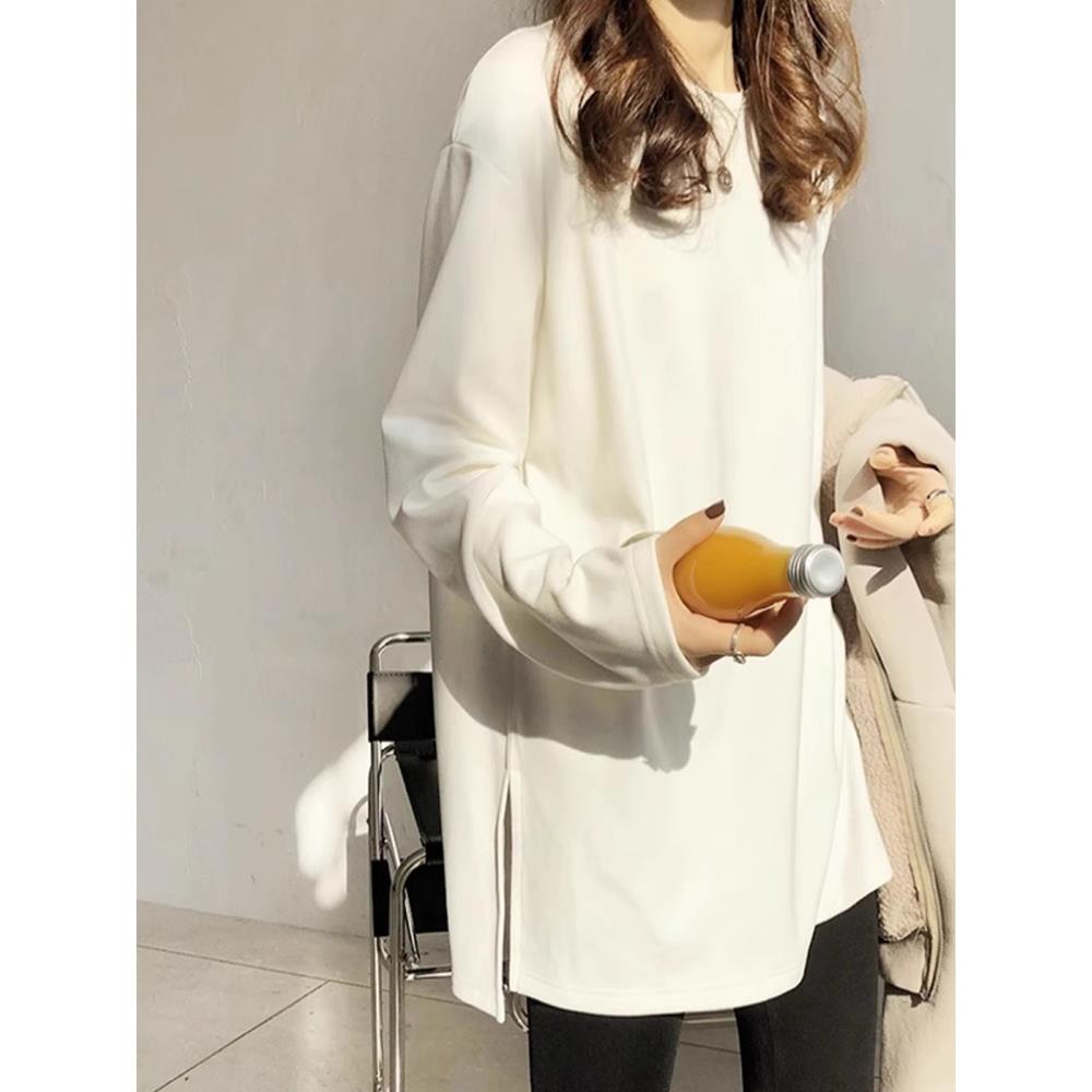 德绒打底衫女秋冬开叉中长款卫衣内搭长袖T恤鲨鱼裤搭配的上1212w