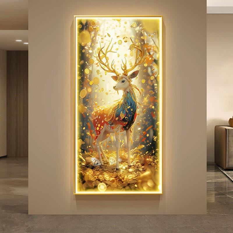 福鹿生财进门玄关装饰画轻奢九色鹿壁画灯高档大气入户发光挂画