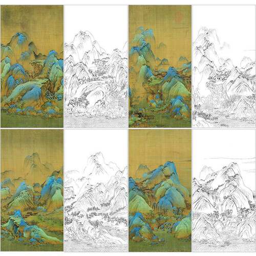 XM02王希孟千里江山图四条屏片段白描底稿4幅工笔画国画山水线描