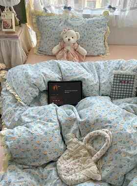 韩式少女心蓝色雏菊云感双层纱白褶皱花边1.5床单笠被套四件套1.8