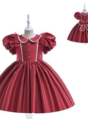 亚马逊泡泡袖蓬蓬裙儿童礼服红色锻布花童裙女孩钢琴演出外贸洋气