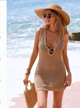 Women’s Crochet Beach Cover Up – Deep V Hollow Knit Bikini