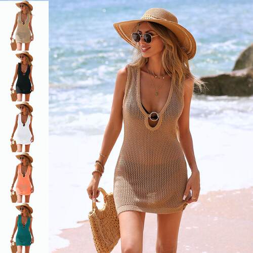 Summer New Solid Color Hollow Out Knitted Beach Cover - Up