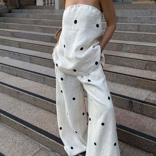 Women's 2 Piece Casual Outfits Sleeveless Dot Print Tube