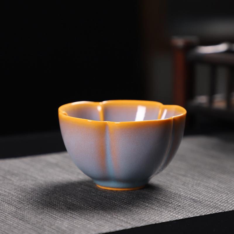 德化陶瓷【单茶杯满100ml亮光】精工汝窑 古韵秋霞 梅花杯 中容量