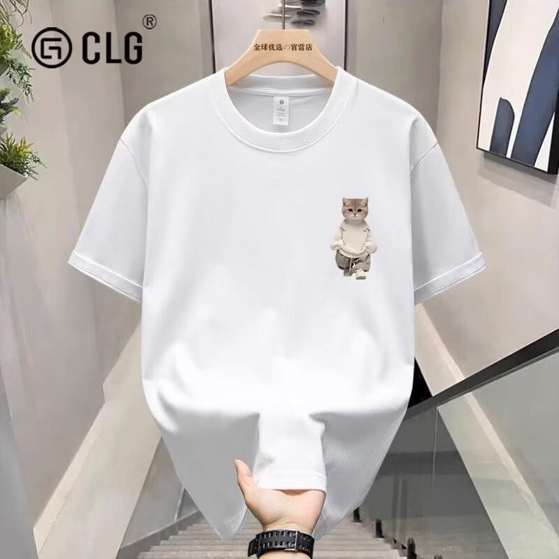 香港CLG潮牌猫咪精梳纯棉男短袖t恤夏季宽松印花重磅半袖上衣T恤
