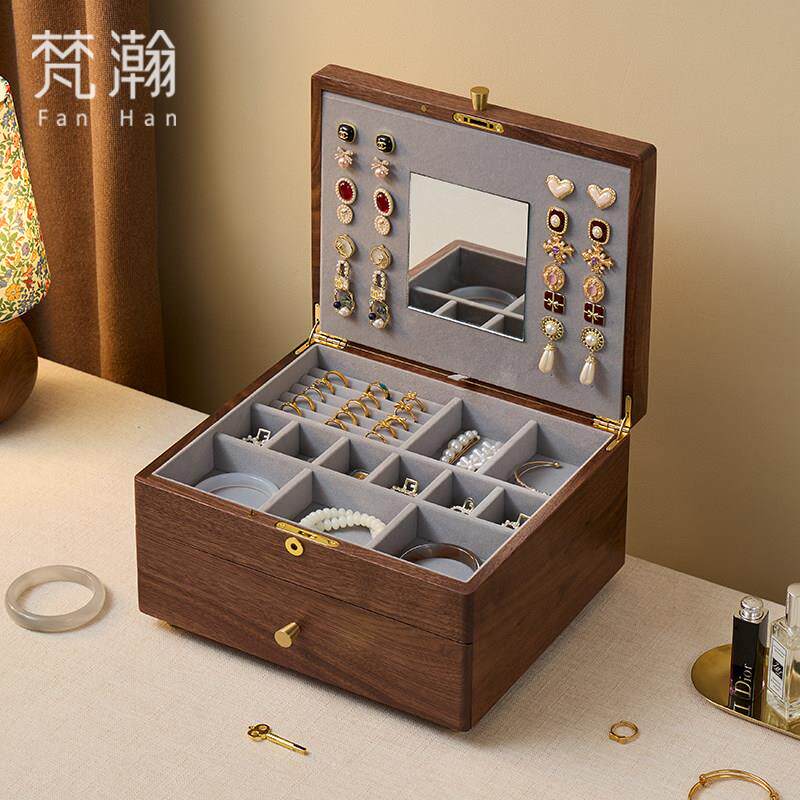 梵瀚 实木首饰盒带锁带镜子结婚礼物覆古奢华高端珠宝饰品收纳盒