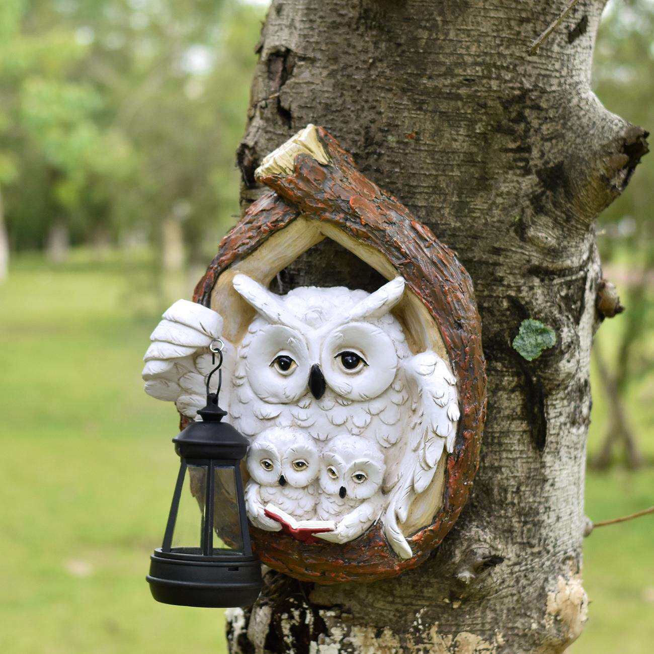 跨境一家三口猫头鹰太阳能壁挂花园雕像庭院园林装饰摆件宠物园艺