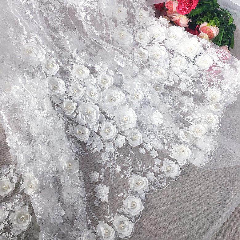 欧式华丽钉珠立体缎面花朵蕾丝面料亮片布料绣花布料婚纱礼服布料