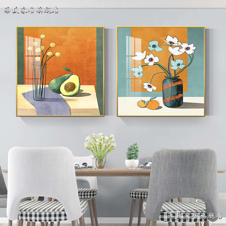 餐厅装饰画晶瓷挂画现代简约餐桌画饭厅墙面壁画轻奢两联画镶钻图片