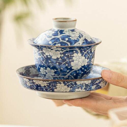 汝窑冰梅青花元盖碗茶碗个档茶杯大号功夫三才泡茶碗不烫手