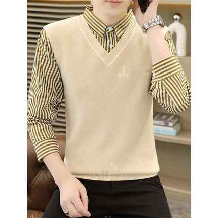 秋冬季高档假两件毛衣韩版修身男士马甲衬衫两件套外穿内搭1215u