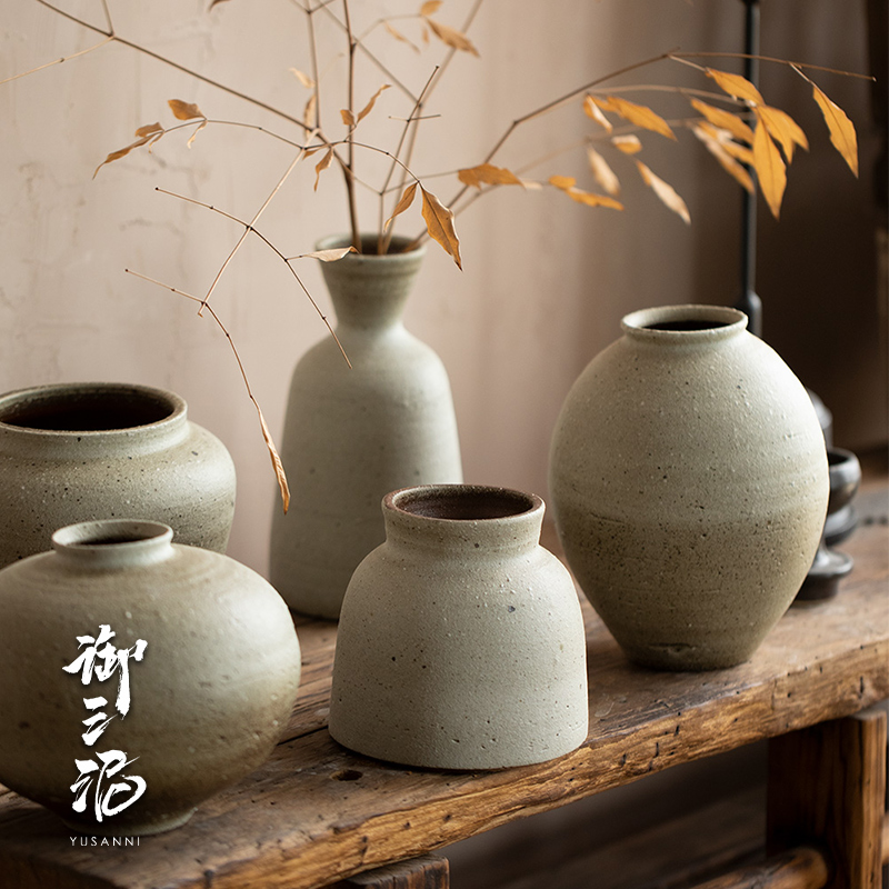 御三泥复古清新可水培粗陶罐插花瓶现代简约客厅陶艺干花陶瓷北欧