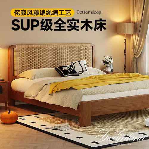 美SF-W302式实复古胡桃色一木床木床加床垫大床主卧米实木床八家
