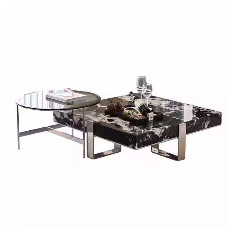 意式简易大理石茶几客厅轻奢高级感家用现代简约不锈钢方茶几组合