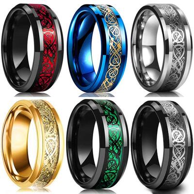 Fashion 8mm Red Beveled Edge Stainless Steel Celtic Dragon R
