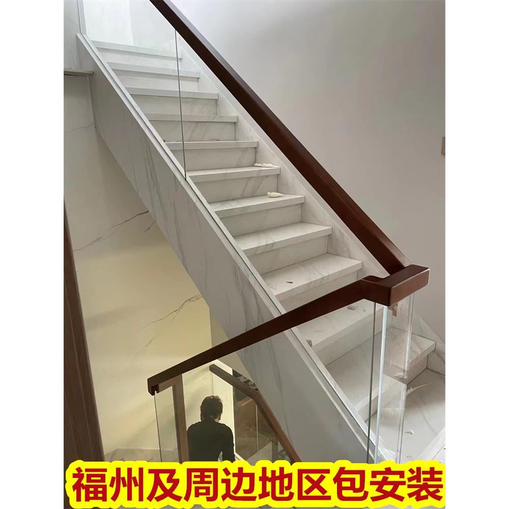 福州钢槽玻璃楼梯扶手简约护栏室内覆式别墅家用阁楼实木踏步定制