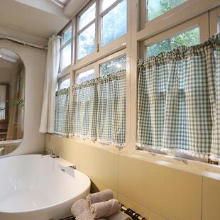 清新格子窗帘美式半遮光半帘免打孔门帘棉布可定制穿杆黏贴挂钩