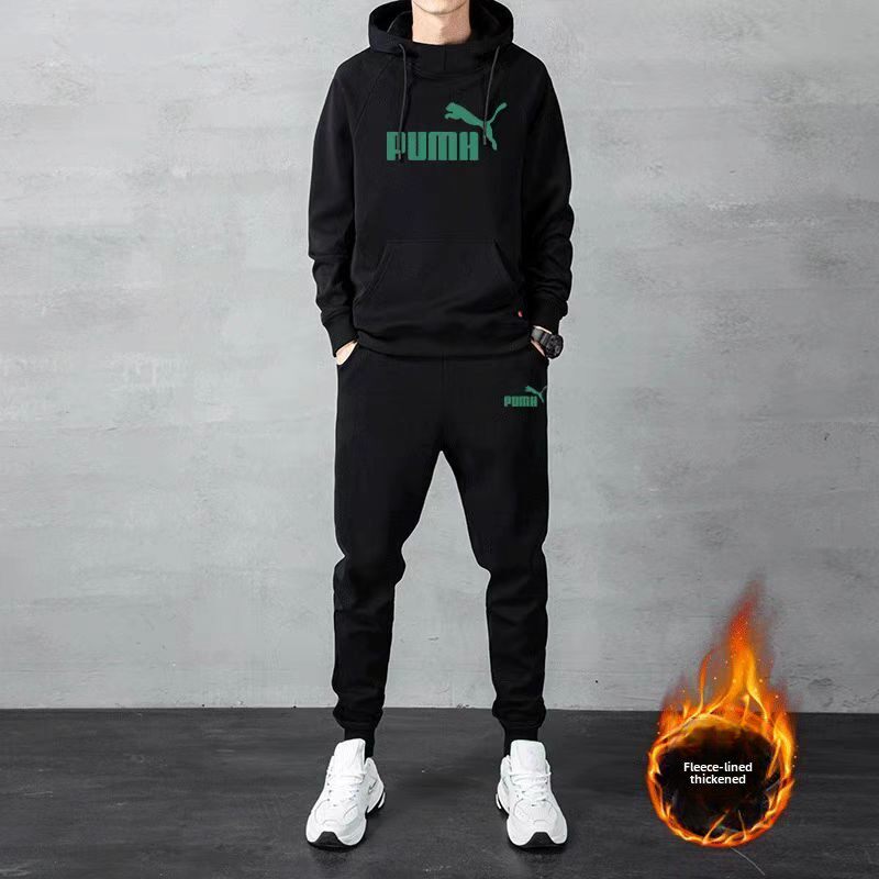 高端潮流休闲运动套装男春秋季纯棉印花宽松加绒连帽卫衣两件套男