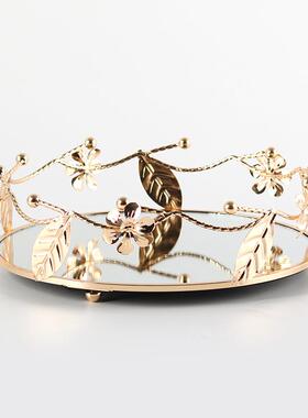 新中式圆形枝叶金属镜面托盘收纳摆件样板房酒店零食果盘家居饰品