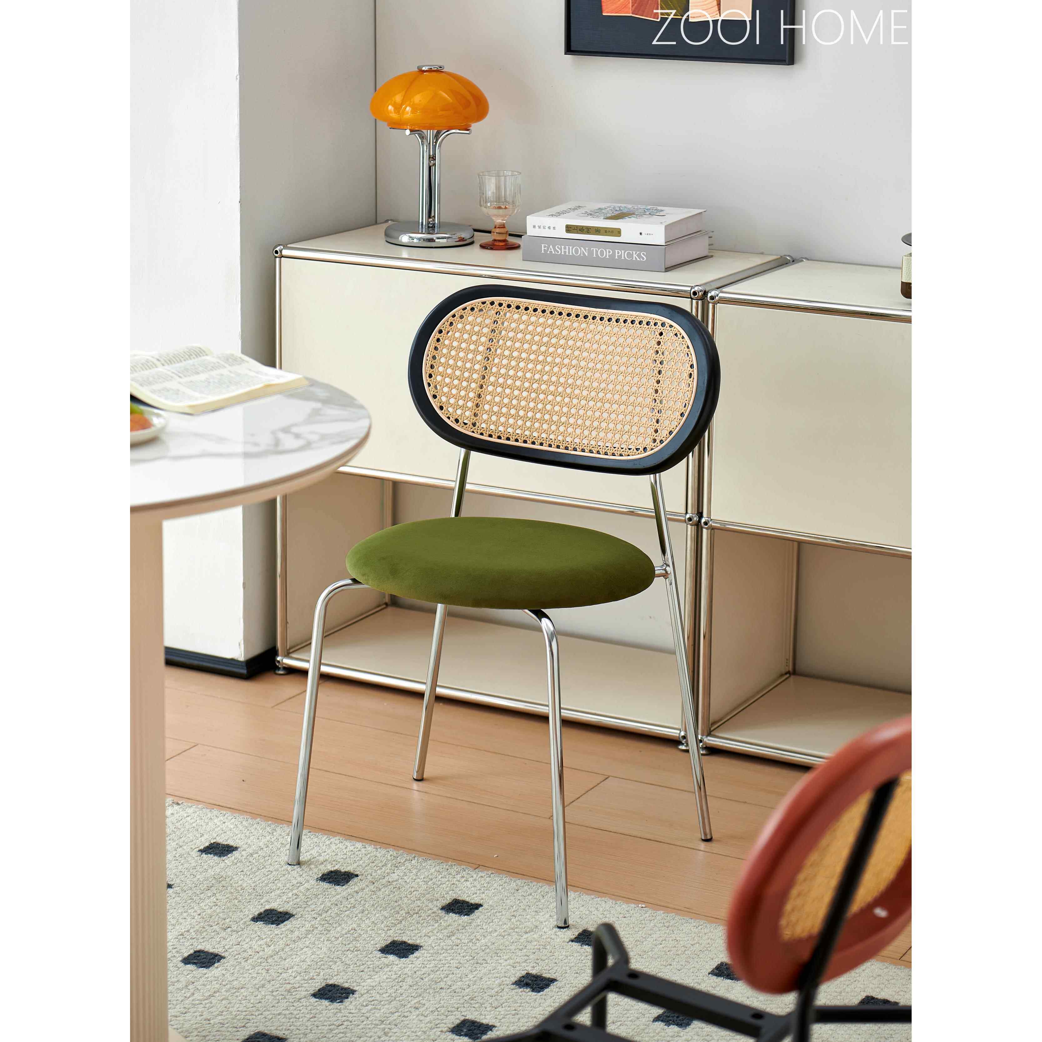 ZOOI HOME中古藤编餐椅丝绒坐垫家用小户型设计师包豪斯休闲椅子