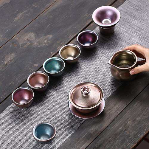 天目七彩建盏茶杯套装整套曜变茶壶家用景德镇瓷器客厅商务礼