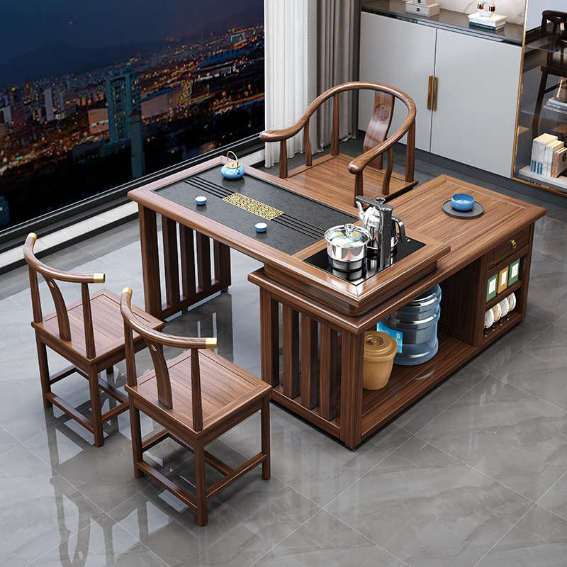 阳台旋转茶桌椅组合客厅家用可移动折叠茶几烧水壶一体实木泡茶台