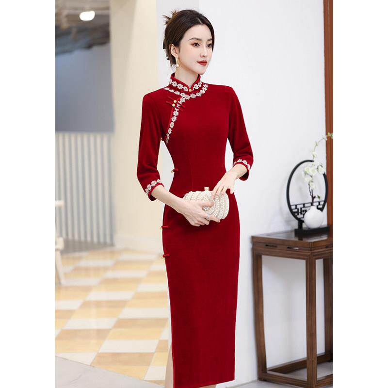 Ocnltiy红色旗袍改良年轻款气质高端长袖喜婆婆婚宴装妈妈礼服女