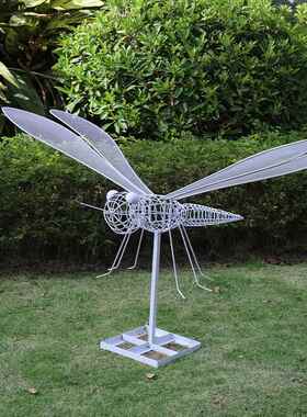 不锈钢雕塑金属丝镂空户外铁艺抽象蜻蜓摆件景观园林动物装饰品