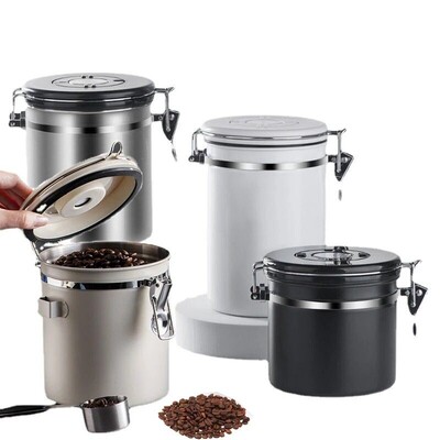 咖啡豆储存罐304不锈钢真空排气咖啡粉密封罐带勺Coffee Canister