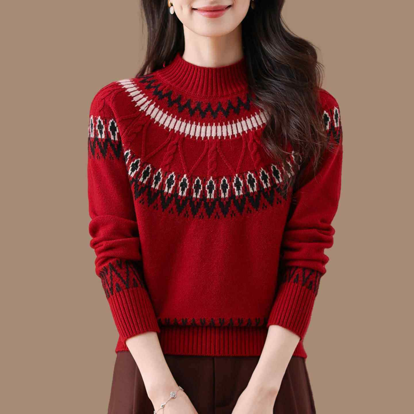 费尔岛风红色羊毛毛衣女秋冬半高领提花针织上衣洋气宽松打底衫厚