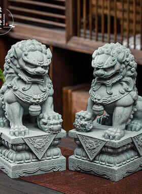 青砂石狮子摆件一对鱼缸造景看门镇宅庭院桌面玄关客厅门口装饰品