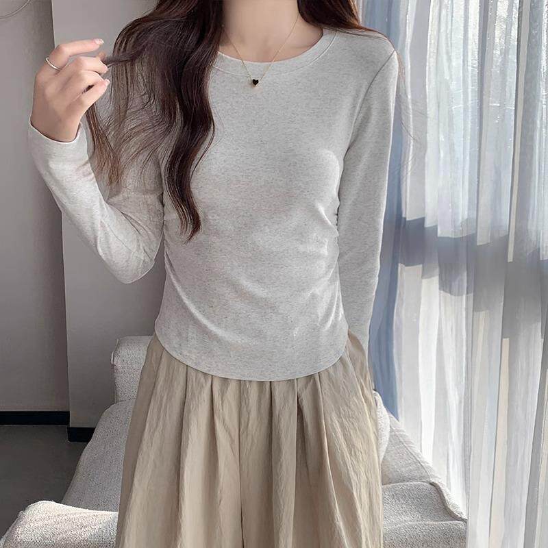 深灰色长袖面膜T恤女秋冬新款打底内搭褶皱收腰纯色圆领减龄上衣