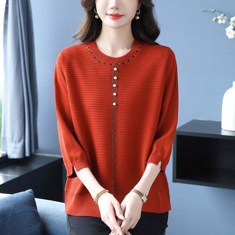 妈妈装春夏七分袖圆领冰丝针织衫女中老年显瘦大码桑蚕丝T恤上衣