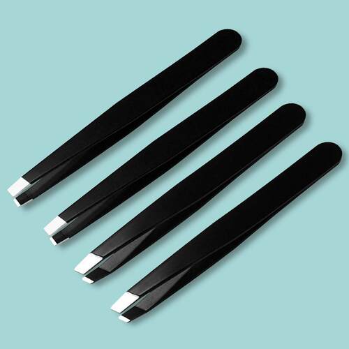 Stainless Steel Black Slant Tip Tweezers, Flat Edge Hair Rem