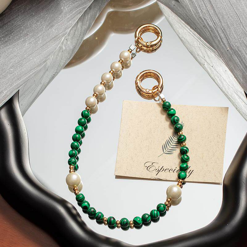 手机挂绳短款手机链串珠手腕带绿色珍珠手机壳链条绳子手機掛繩