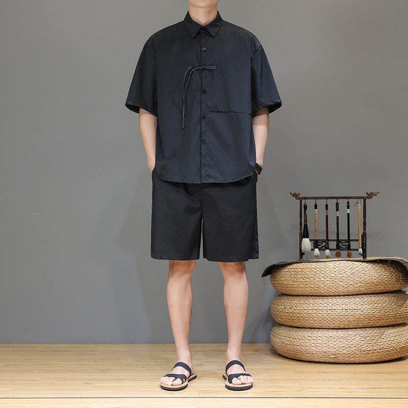高端品牌中式可外穿家居服男款夏季夏天棉麻短袖短裤黑色睡衣套装